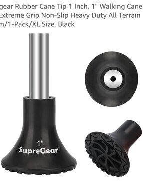 1" Black Rubber Cane Tip - Non-Slip All-Terrain Replacement
